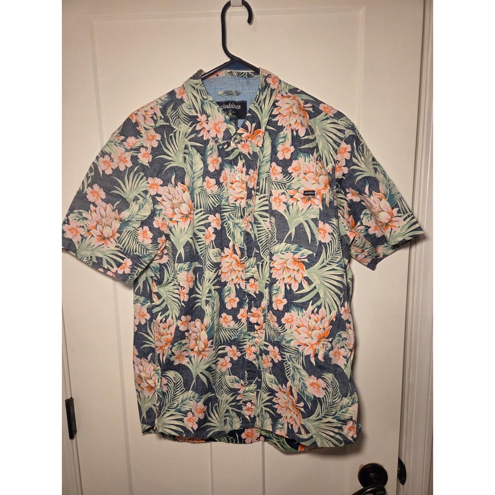 Chubbies Mens‎ XL Tropical Floral Palm Print Short Sleeve Button Down Shirt Navy